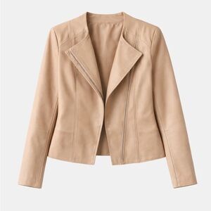 LEATHER COLLARLESS SIDE ZIP JACKET | BEIGE